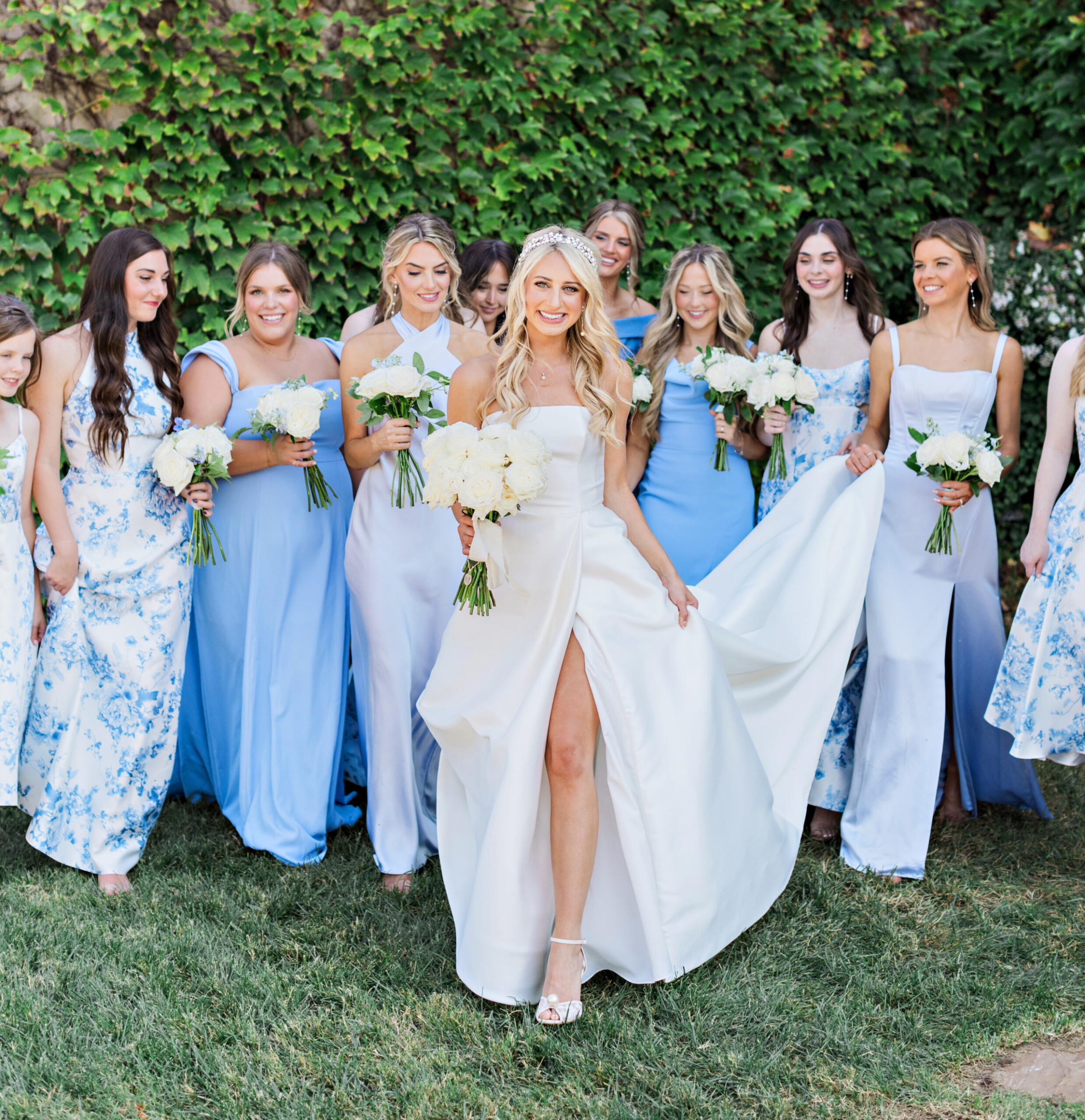 A Fresh Take on Blue Floral Mismatched Bridesmaid Dresses